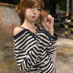 韩系温柔风假两件条纹长袖t恤女2025春秋新款INS超火修身显瘦上衣