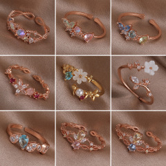 新款設計輕奢珍珠鋯石戒指女小眾ins風貝殼花朵指環開口食指戒指