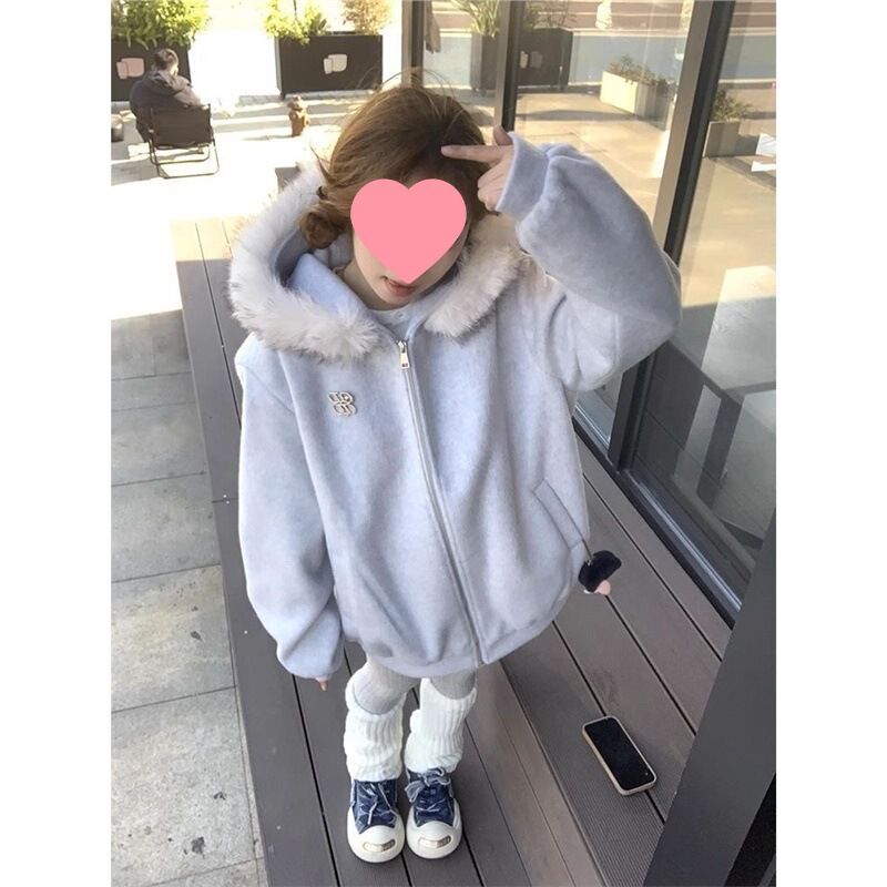 American Retro Fur Collar Hooded Cardigan Sweatshirt Jacket Spring & Fall 2025 Oversize Lazy Casual Slim Top