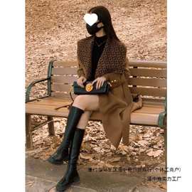 2025秋冬新款毛呢外套韩系感卡其色海军领呢子大衣女雪尼尔