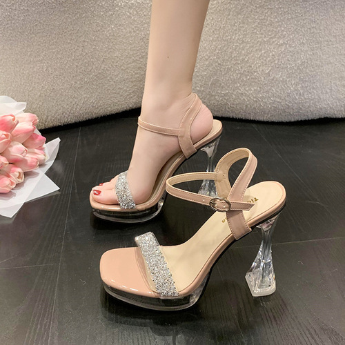 Fashion buckle pink  summer new style transparent with rhinestone thick heel super high heel casual fashion sandals for women