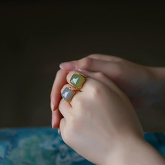 Chinese classical auspicious cloud bamboo joint ring for women, ancient method gold ruyi, Chinese style retro imitation Hetian jade open ring