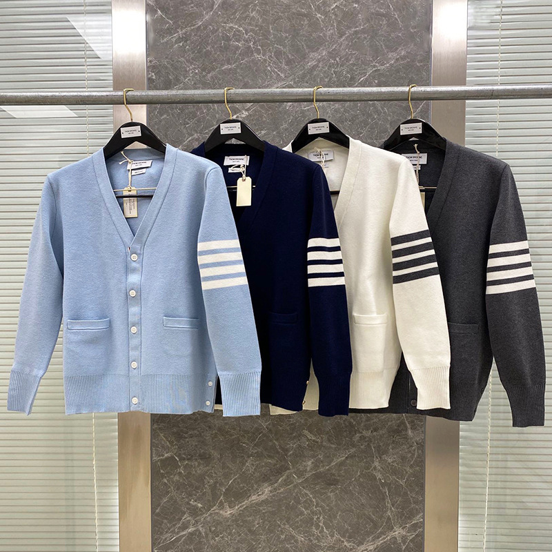 Tb Correct Version Classic Four-Stripe Knitted Cardigan Sweater for Men and Women, Preppy Style V Neck Shawl Jacket