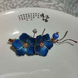 非遗点翠风绒花发夹新中式古典汉服配饰复古蓝花珍珠头饰国风发饰