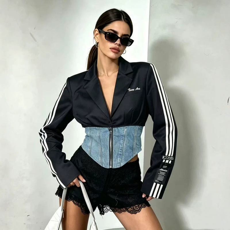European-style celebrity-inspired women's blazer, 2026 autumn new model, personalized letter embroidery, spliced denim, slim-fit jacket