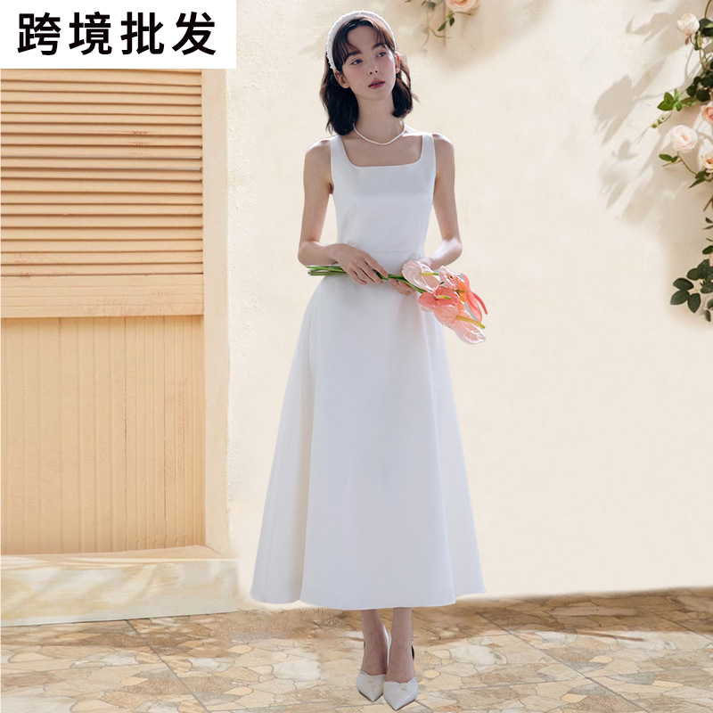 Cross-Border New High-End Satin French Simple Dress Square Collar Slimming Travel Photography Light Wedding Dress Engagement Dress