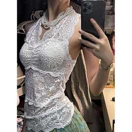 法式复古氛围感绣花小众吊带背心上衣纯欲风镂空蕾丝打底衫女