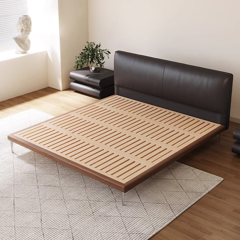 Cama de cuero minimalista italiana, cama negra delgada, cama de cabecera de estilo retro, cama de paquete suave moderna, cama de tofu delgada.