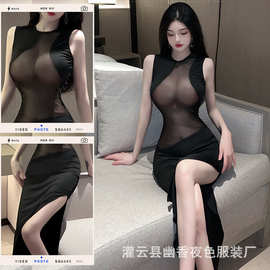 林林婷情趣内衣女性感透视网纱拼接开衩露腿连衣裙修身显瘦1228