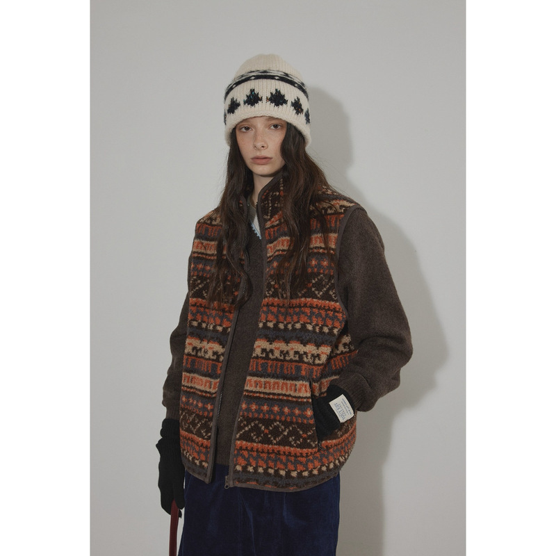 Lofi Chiose Fair Isle Fur Integrated Polar Fleece Outer Vest Women's New Winter Design Jacket Lofi Chiose Fair Isle Fur Integrated Polar Fleece Outer Vest Women's New Winter Design Jacket