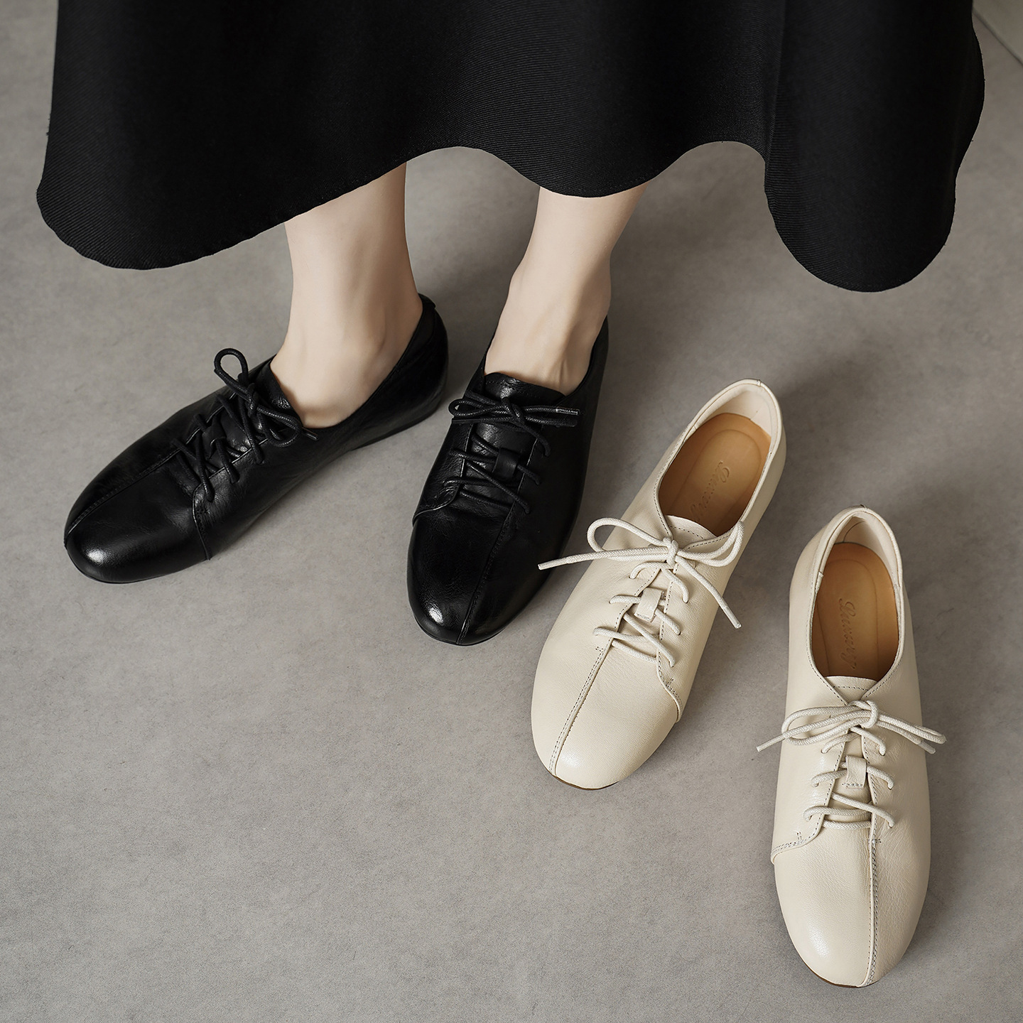 Giày lười nữ da cừu buộc dây mũi vuông phong cách loafer — đen