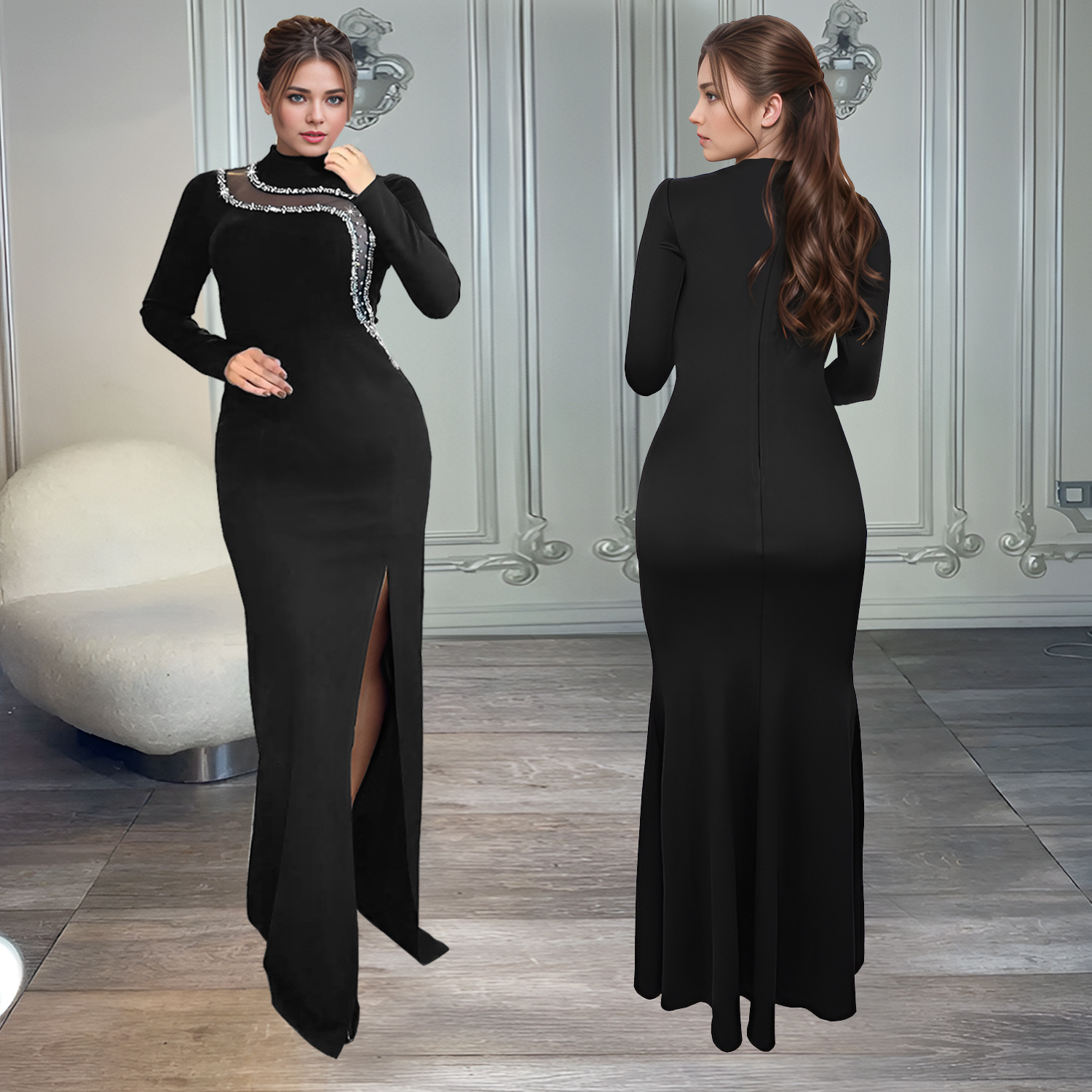 C7297 Cross-border AliExpress Amazon Moda europea y americana Vestido de manga larga con cadena de diamantes de corte delgado sexy para mujer