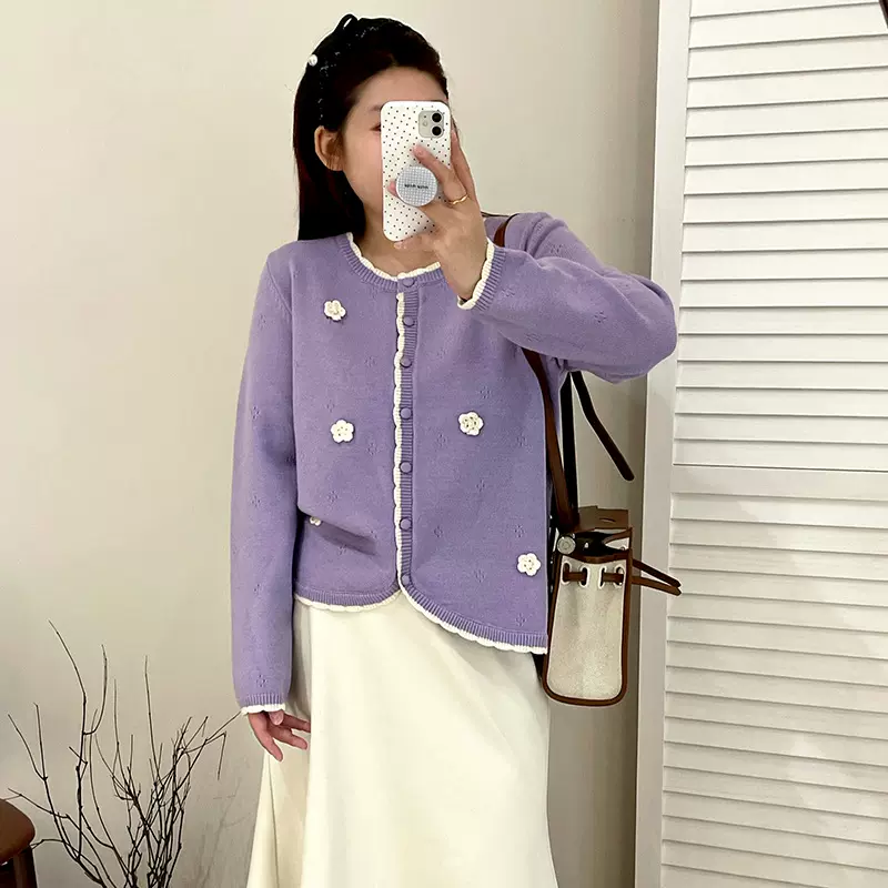 大码女装气质小香风外套开衫2025秋季新款胖mm钩花针织衫女23119