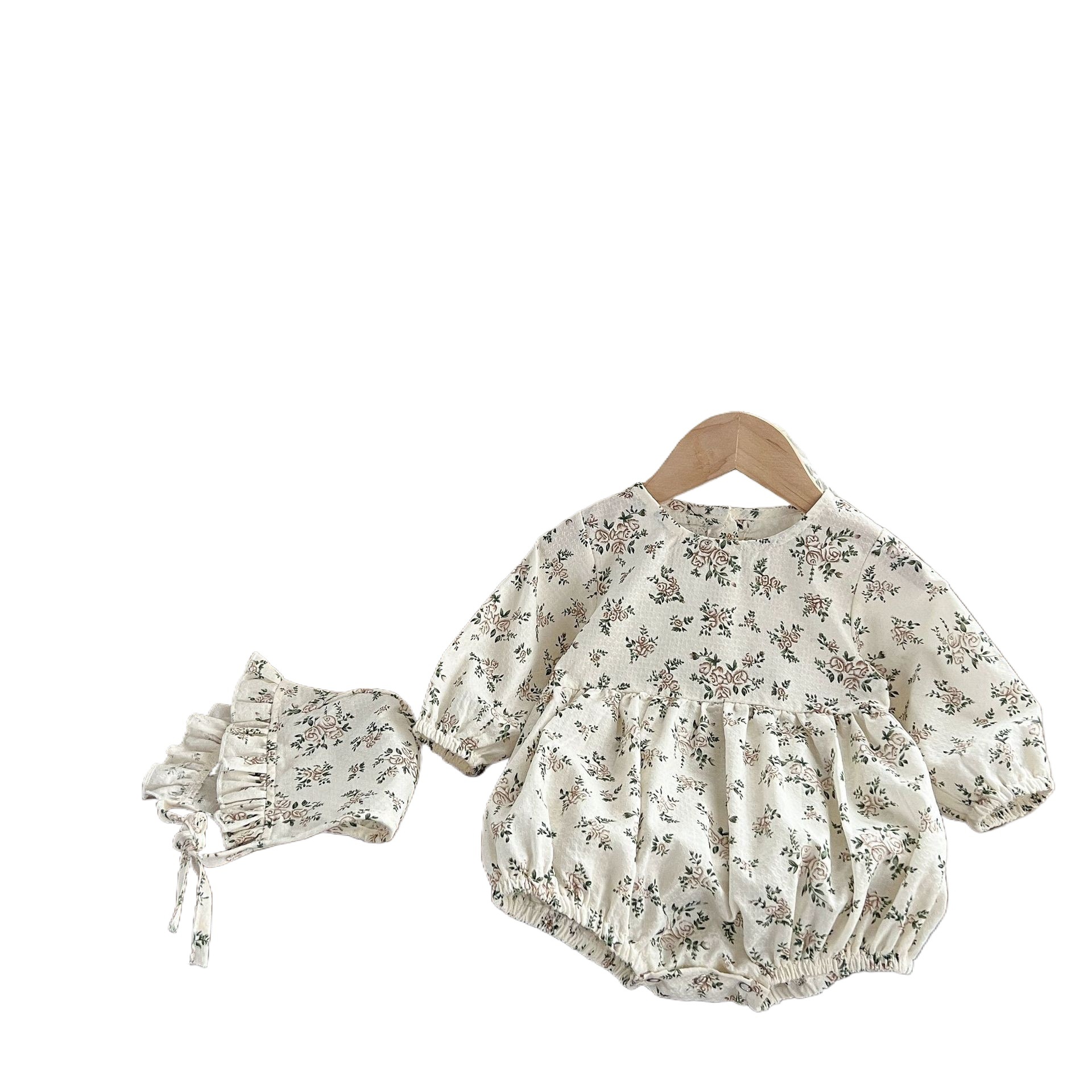 Estilo coreano bebé niña de algodón otoño floral mameluco de manga larga con sombrero ins recién nacido todo-fósforo mono mameluco
