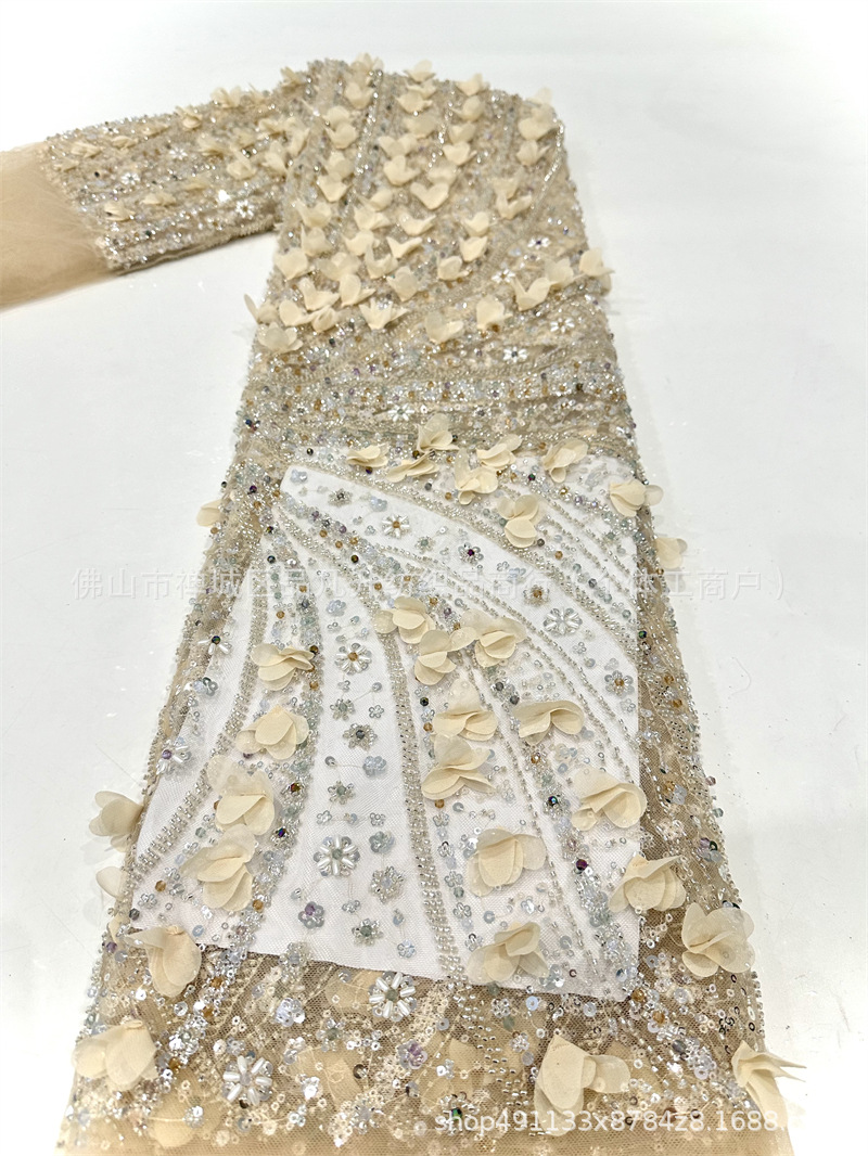 Tejido de bordado de tubo de perlas decalcado a mano diseño ligero lujoso de moda espectáculo de escenario vestido de tela de encaje