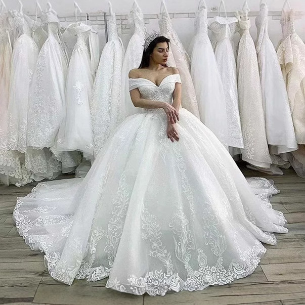 Amazon Bridal Wedding Dress High-End New Style Aliexpress Off-Shoulder Lace Slim Fit Wedding Dress Simple Women's
