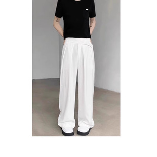 White Loose Casual Dress Pants for Men, Spring and Autumn Japanese Dark Style High-Waisted Magic Tape Design Wide-Leg Suit Pants for Women
