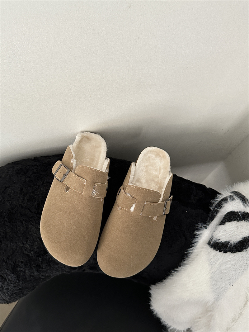 Zapatos de cuero genuino para mujer, zapatos de felpa cálidos de suela gruesa con todo incluido vintage, mocasines deslizantes