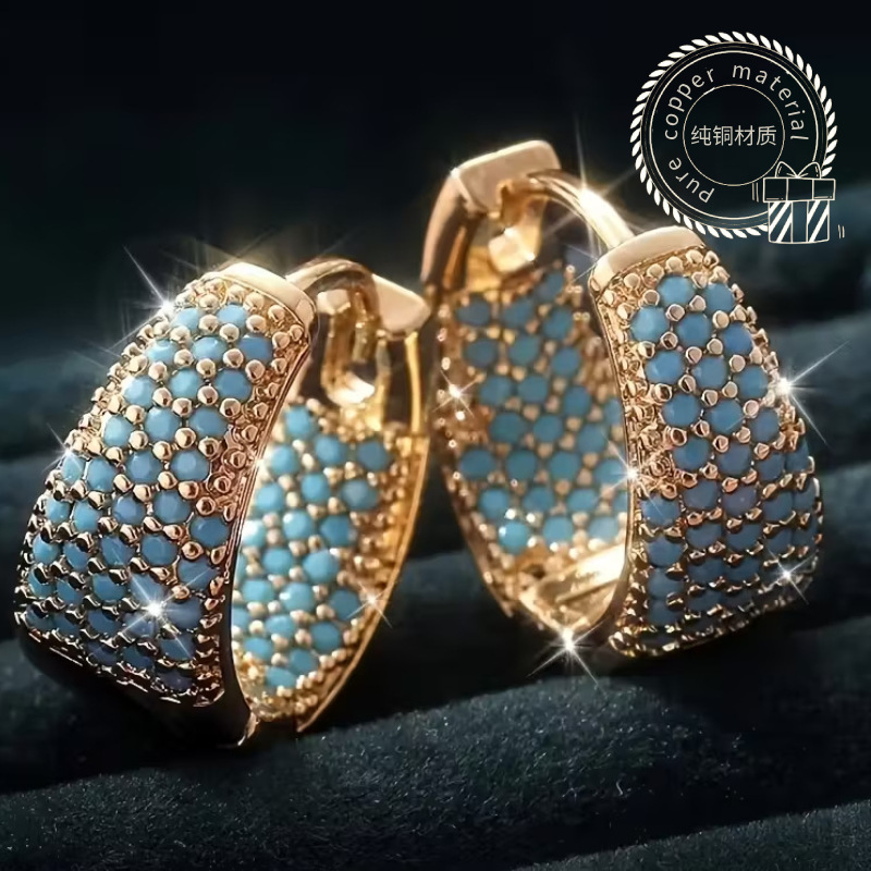 Cross-Border Hot-Selling Blue Turquoise Water Drop Earrings, Colorful Zircon Circle Earrings, Elegant Earrings, Versatile and Fashionable Earrings