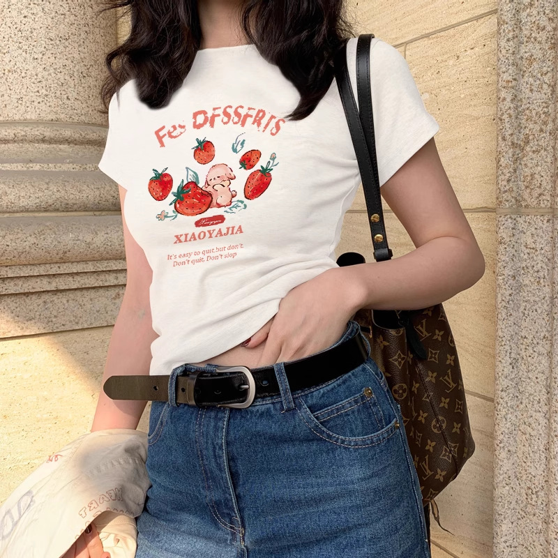 アメリカンレトロショルダー漫画イチゴバニー半袖Tシャツレディース夏の新しい甘いホットガールカジュアル多用途トップ|undefined