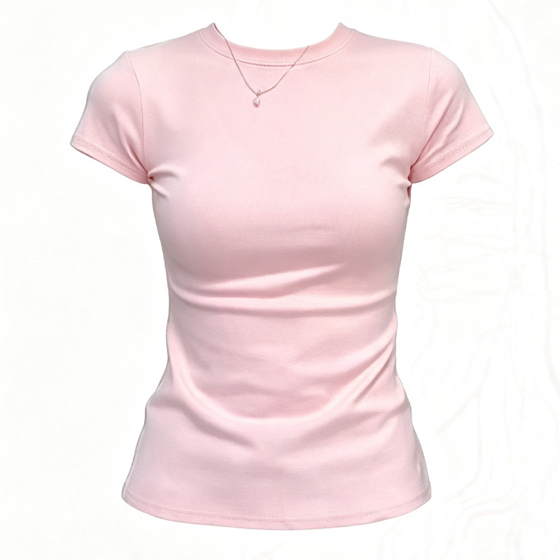 Cross-border round neck short-sleeved T-shirt for women, summer 2026, sexy, slim fit, solid color, versatile basic top.