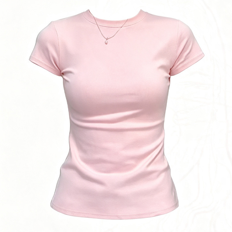 Cross-border round-neck, regular-shoulder, short-sleeved women's T-shirt, summer 2026, slim-fit, solid color, versatile basic top