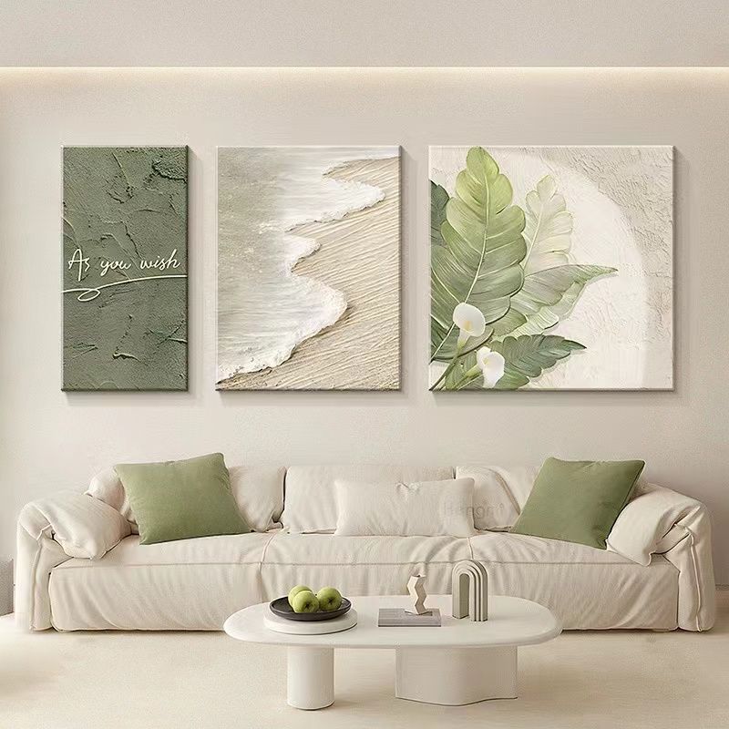 Cream Simple Living Room Decorative Painting Floral High-End Sofa Background Wall Hanging Painting Texture Atmospheric Sandstone Triptych Mural