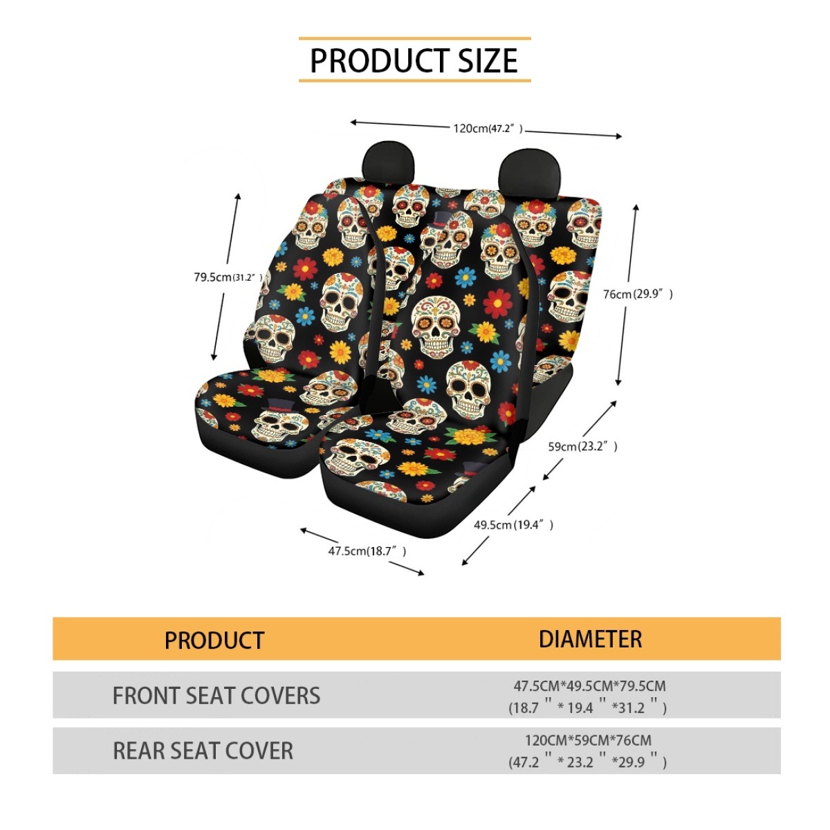 Cross-border Halloween-themed sugar skull pattern custom car seat covers, breathable and universal car seat cushions