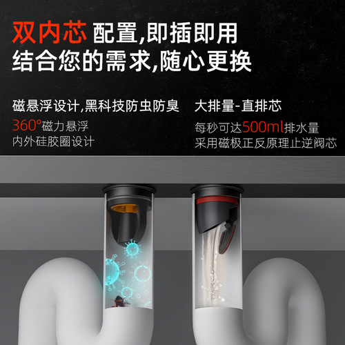 Odor-proof floor drain large capacity magnetic levitation core bathroom invisible floor drain sewer odor core washing machine floor drain