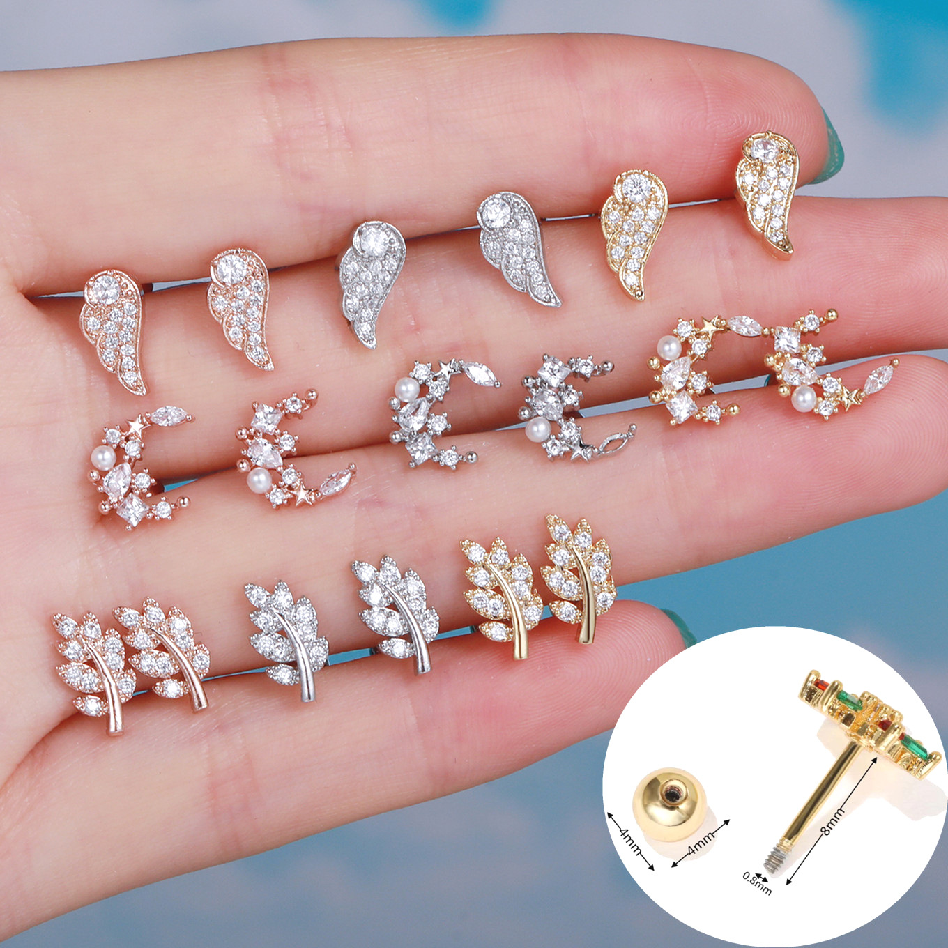 Eardrops Bone Nail Stainless Steel Rod Piercing Twist Ball Ear Stud Angel Wings Moon stud Earring