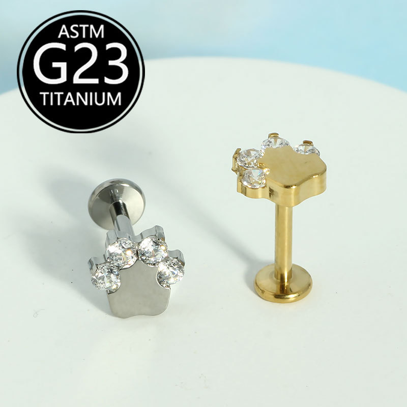 G23 Titanium Alloy Bear Paw Internal Thread Zircon-Inlaid Lip Stud and Ear Stud Body Piercing Jewelry detail image 7