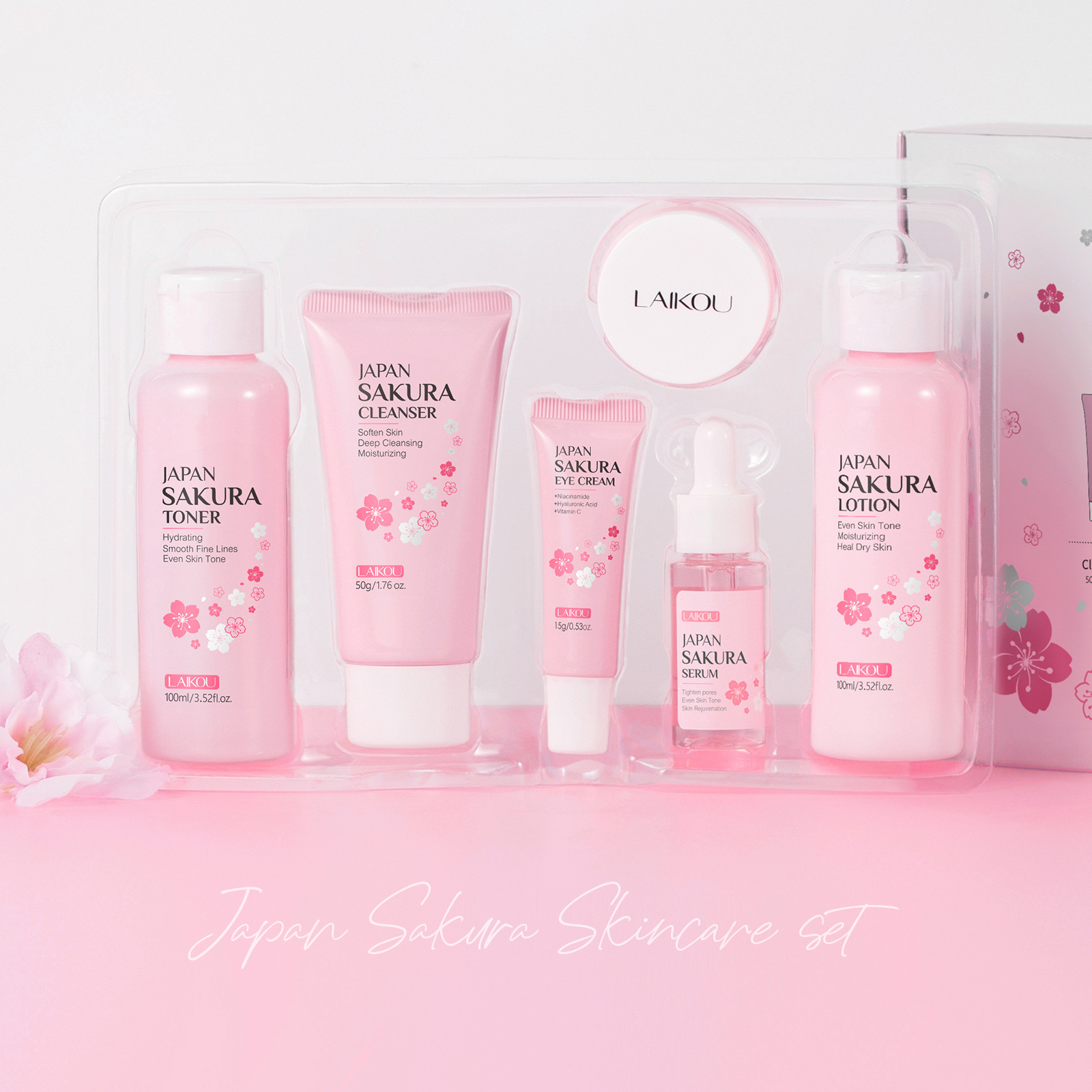 Cross-border LAIKOU Cherry Blossom Skincare Set of 6 pieces: Facial Cleanser, Lotion, Essence, Eye Cream, Essence, Cream and skincare products undefined