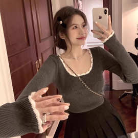 独特撞色辣妹风方领木耳边长袖修身毛衣打底衫女春季针织内搭上衣
