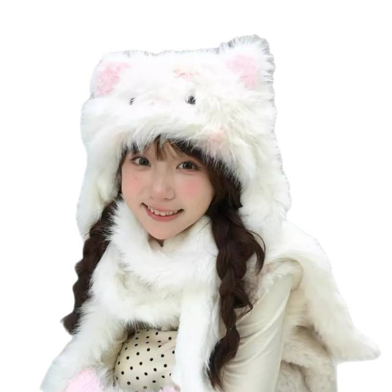 冬季新款发夹猫咪甜美腮红卡通加厚可爱毛绒帽子护耳帽围巾两件套|undefined
