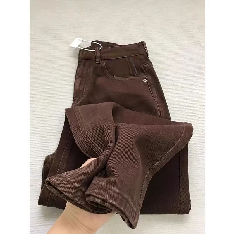 Petite Melard Brown Loose Straight-Leg Jeans for Women, Autumn High-Waisted Slimming Versatile Draped Wide-Leg Pants