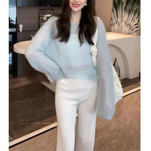 韩版时尚潮流设计纯色针织衫初秋气质慵懒风宽松镂空罩衫上衣女潮