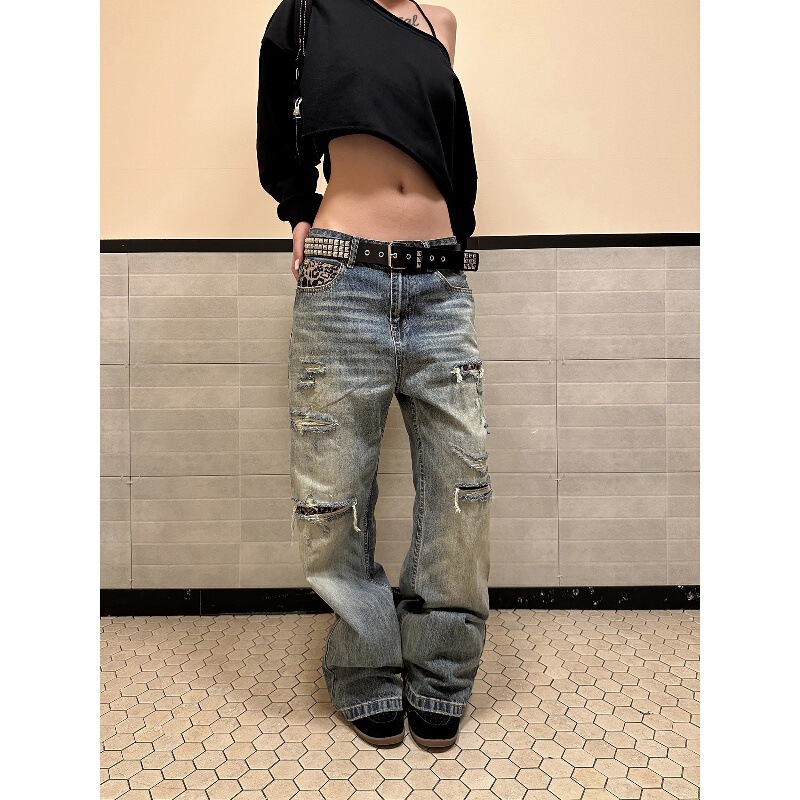FFR American retro distressed wash leopard print patchwork jeans, unisex, loose wide-leg design, couple's long pants FFR American retro distressed wash leopard print patchwork jeans, unisex, loose wide-leg design, couple's long pants