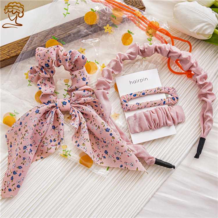 Fashion Ditsy Floral Bow Knot Cloth Printing Pleated Hair Clip Hair Band Hair Tie 1 Set display picture 3