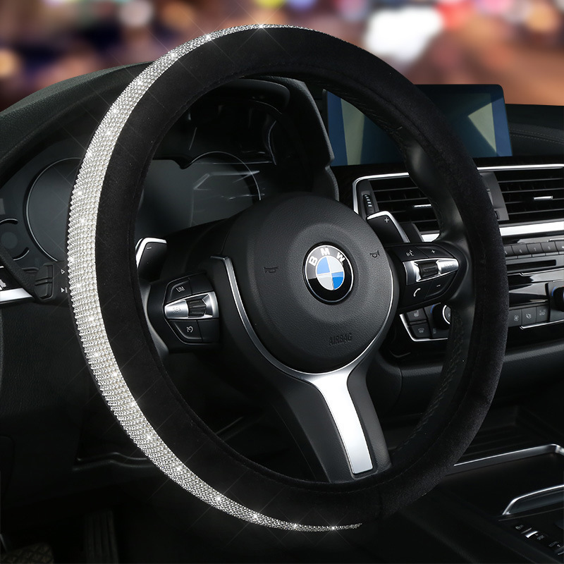 Transfronteriza nueva cubierta del volante del coche cuero moda rhinestone oro seda felpa Four Seasons universal diamante cubierta del volante