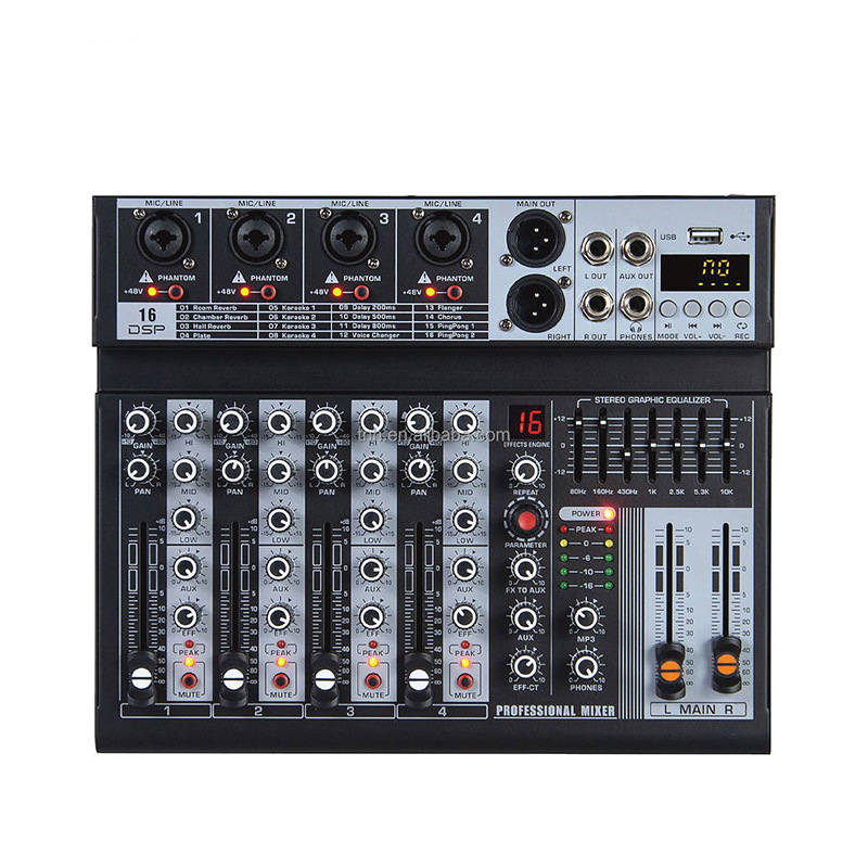 Mezclador profesional transfronterizo 4 / 6 16DSP / 7EQ / MP3 / Bluetooth / USB reverberación estéreo y control de ganancia