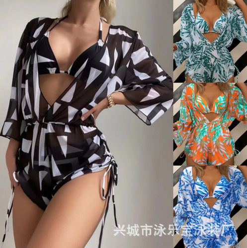  Amazon foreign trade cross-border long-sleeved three-piece mesh belt tie-dye print separates bikini for women