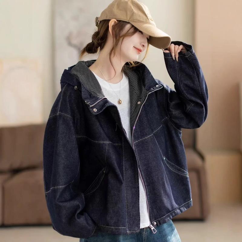 Foreign Trade Denim Jacket 2026 Early Spring New Style Casual Loose Zipper Plaid Patchwork Hooded Jacket Top