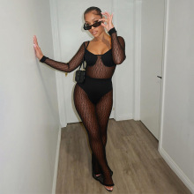 C25JP331欧美女装秋季跨境新款纯色性感网纱蕾丝透视喇叭长连体裤