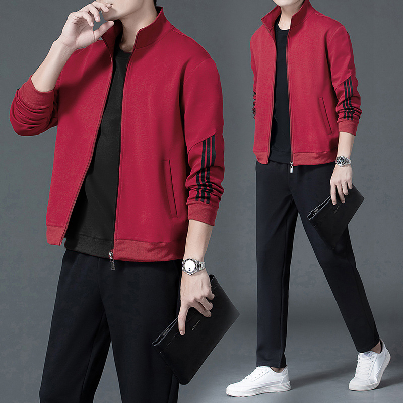 Conjunto deportivo para hombre M-8XL, estilo papá para primavera y otoño, chaqueta con cuello alto, pantalones rectos de talla grande, conjunto de tres piezas para hombre, sudadera informal.