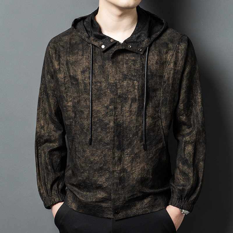 100% Mulberry Silk High-End Silk Crackle-Patterned Xiangyun Silk Men's Jacket with Hood, Loose Zipper Coat, Thin Style, Trendy 100% Mulberry Silk High-End Silk Crackle-Patterned Xiangyun Silk Men's Jacket with Hood, Loose Zipper Coat, Thin Style, Trendy