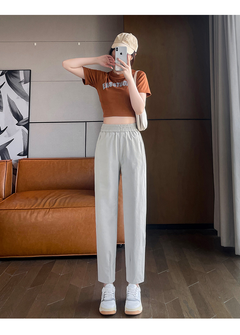 Quần dài nữ mùa hè vải lụa băng mỏng nhẹ, nhanh khô, chống nắng, kiểu harem ống rộng — Gạo xám chi tiết 13
