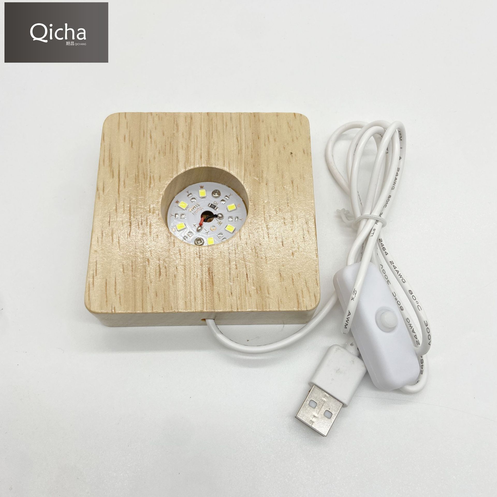 Kauçuk ahşap aydınlık kristal taban USB arayüzü 5V anahtarı aydınlık taban gece lambası masif ahşap yuvarlak lamba tutucu