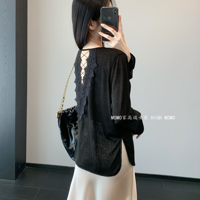 Keep Two Pieces for Yourself~ Designer Style Cross-Tie Backless Sexy Lace Lyocell Long-Sleeve T-Shirt for Women Summer