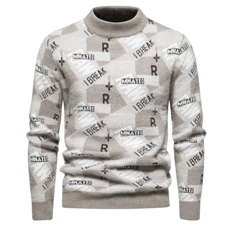 Round necked knitted autumn and winter new fashionable printed trend base sweater for men's top_voghion.com