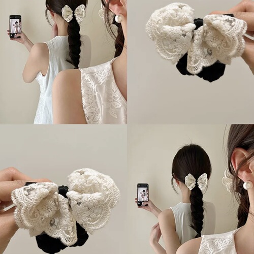 Gentle, elegant, and luxurious: Korean-style fashion white fabric bow hair tie with elastic band and lace trim